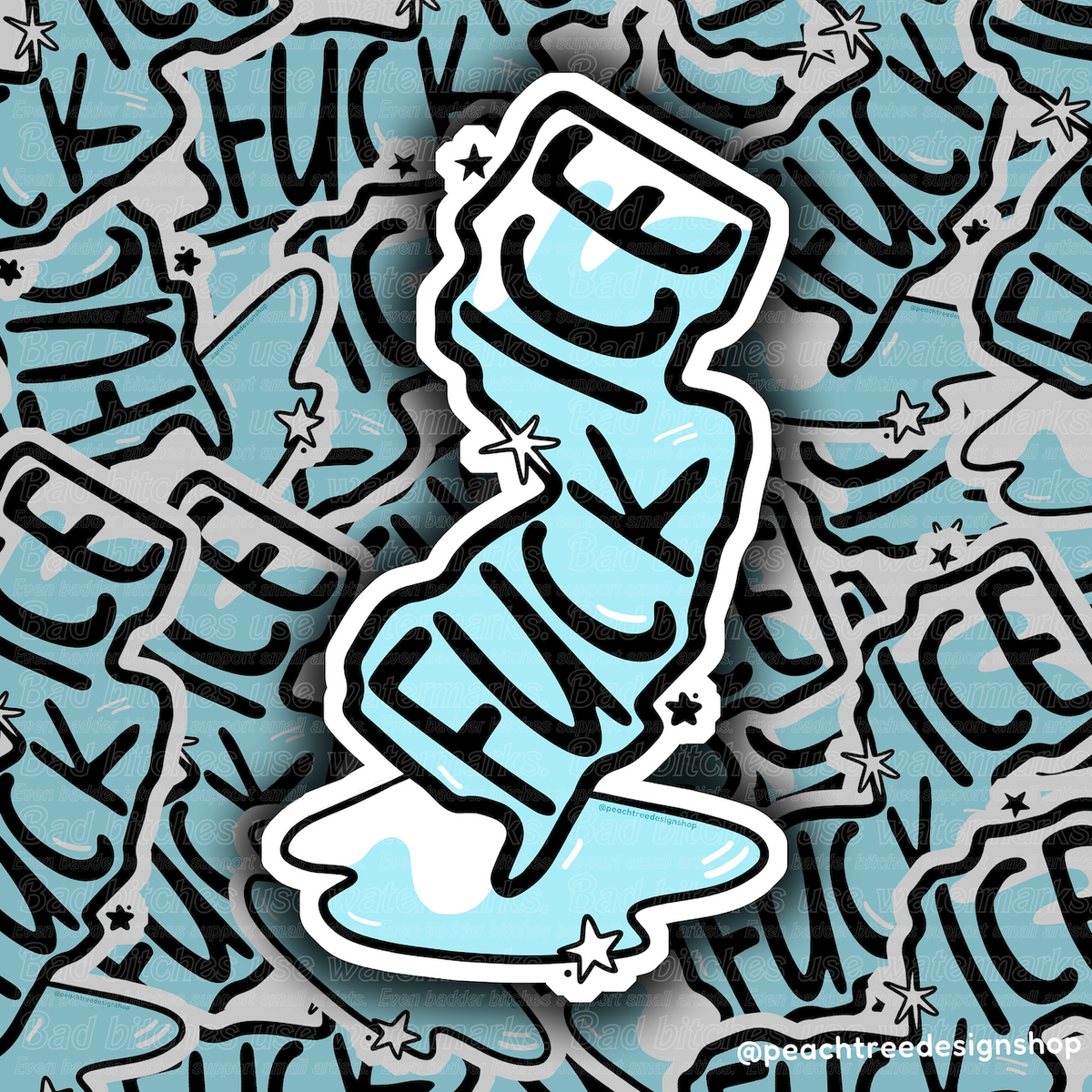 FUCK ICE text in black set on a blue icy drawing of the state of New Jersey shape with a little icy patch at the bottom