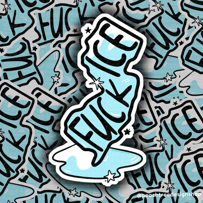 FUCK ICE text in black set on a blue icy drawing of the state of New Jersey shape with a little icy patch at the bottom