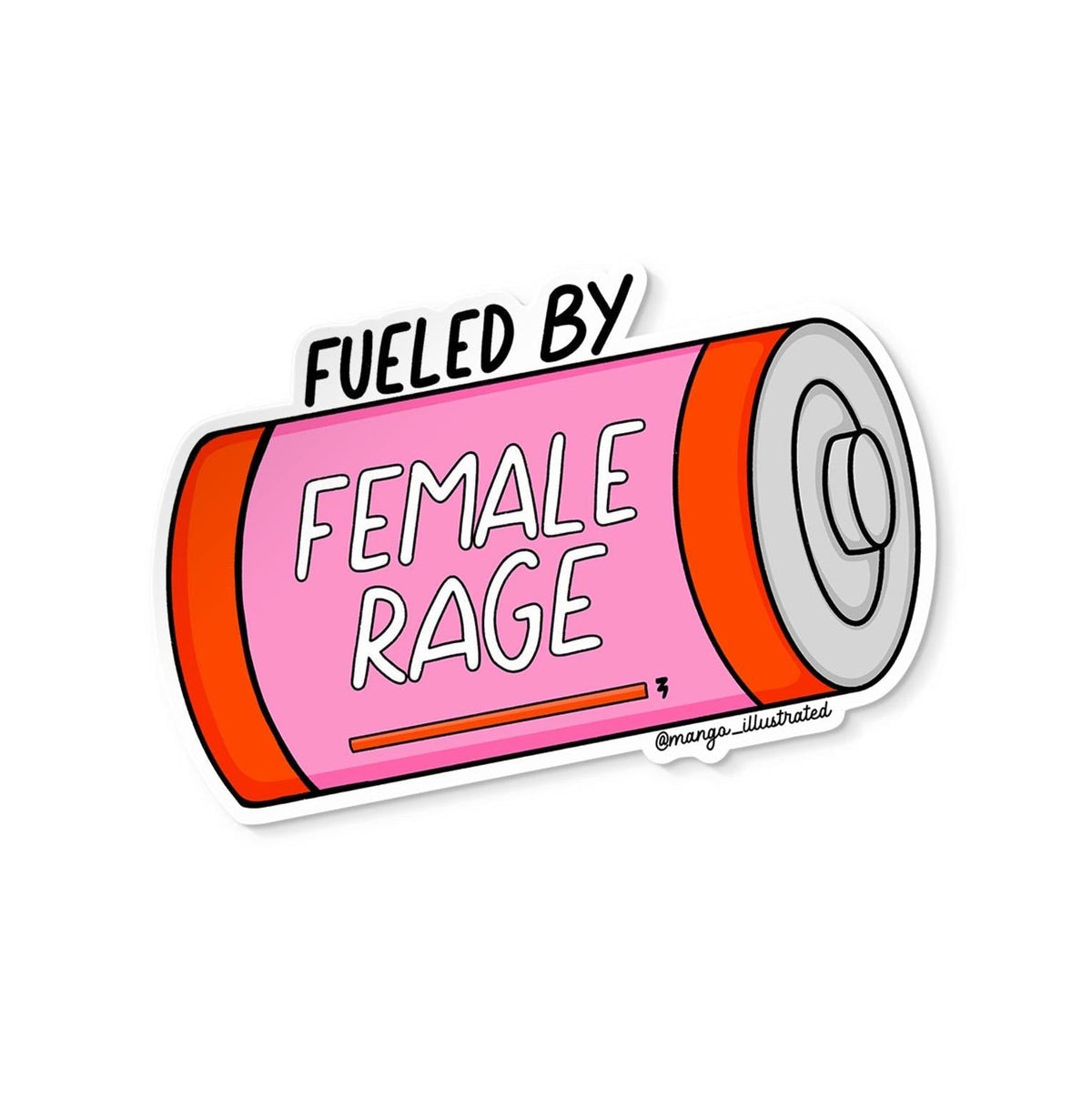 Fueled by female rage sticker flat lay — waterproof vinyl feminist laptop sticker by indie artist MangoIllustrated