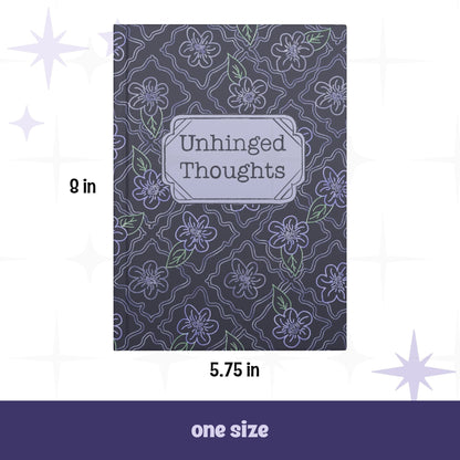 Unhinged Thoughts gothic floral journal showing dimensions 5.75 by 8 inches, one size, lavender flower pattern on charcoal hardcover