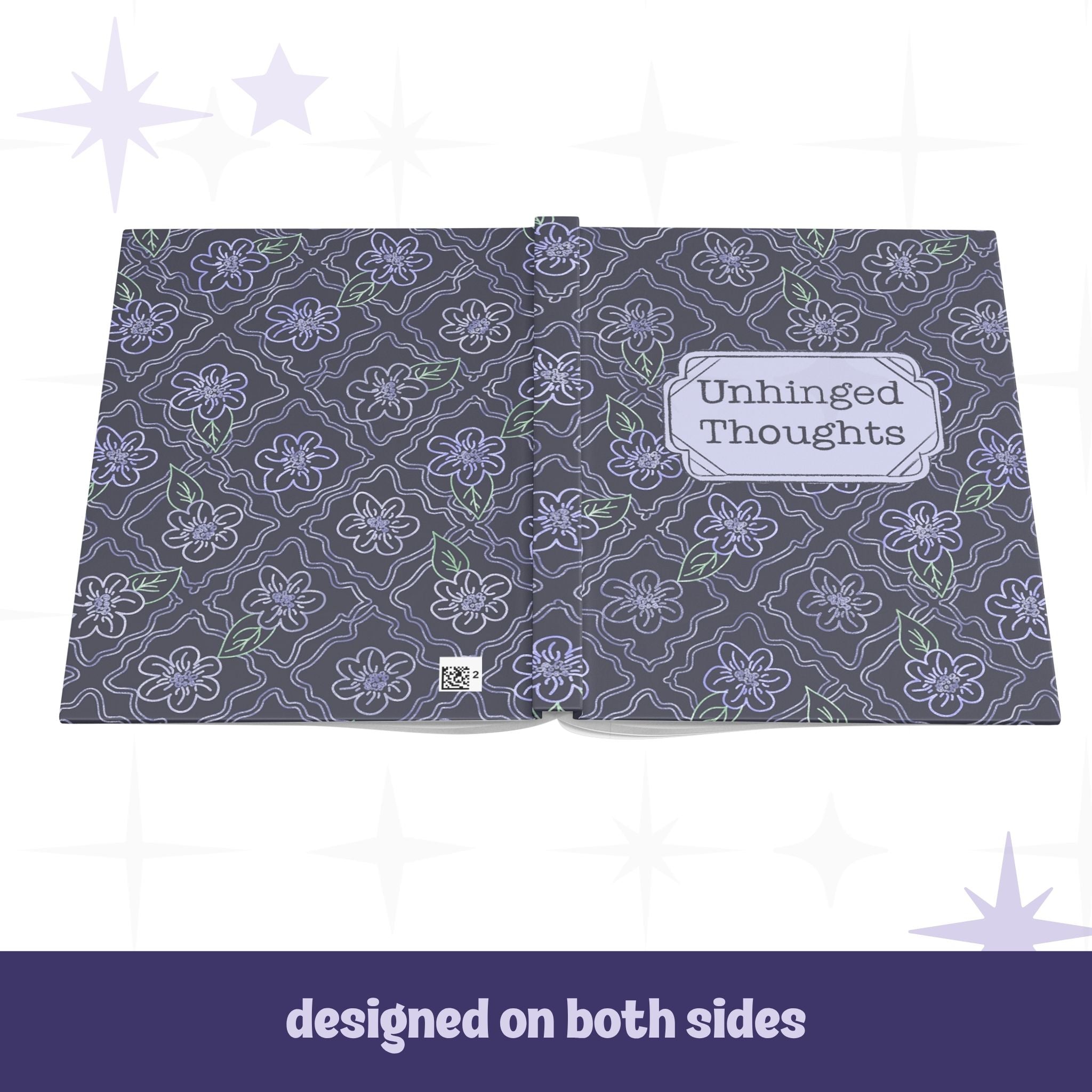 Gothic floral journal open flat showing full wrap design on front and back covers with lavender ogee flower pattern and Unhinged Thoughts label
