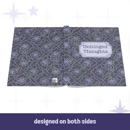 Gothic floral journal open flat showing full wrap design on front and back covers with lavender ogee flower pattern and Unhinged Thoughts label