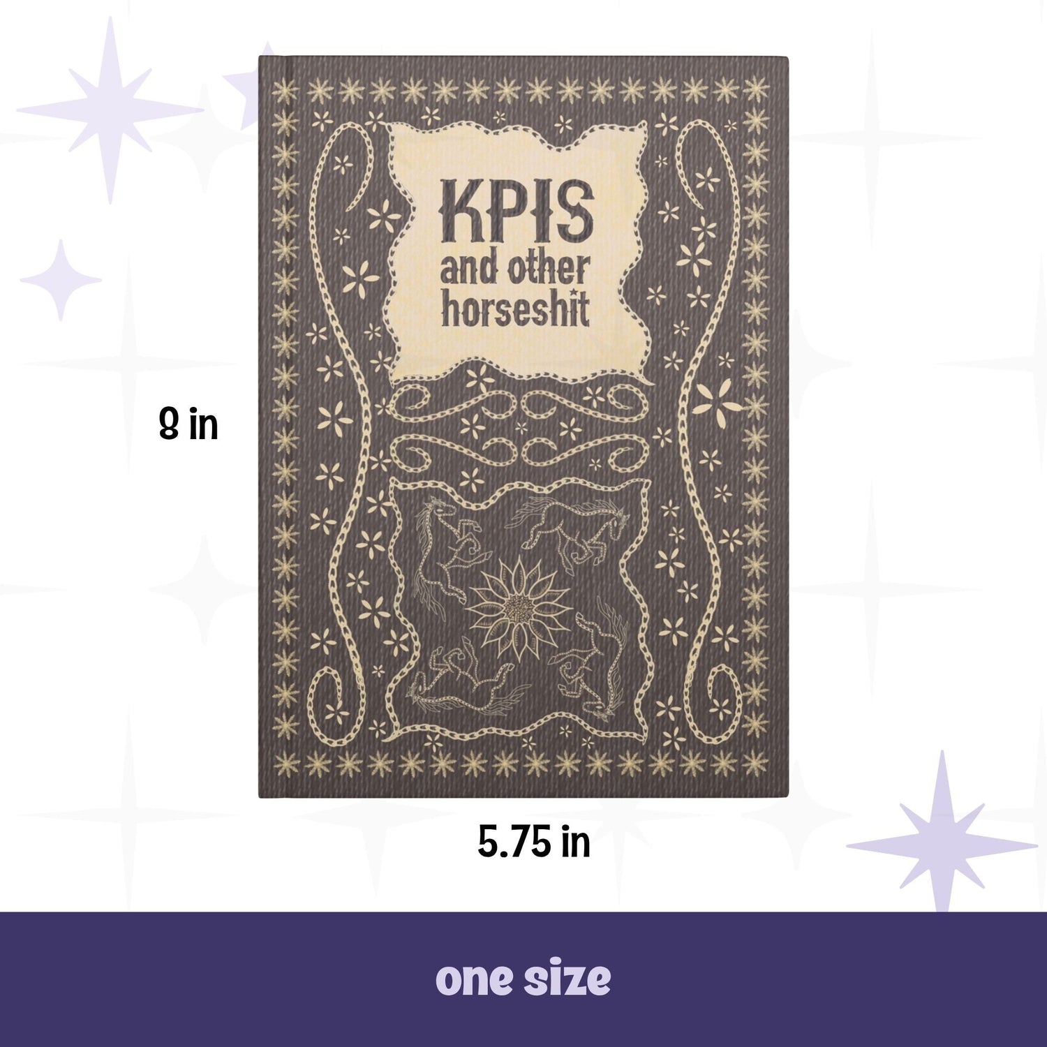 KPI profanity journal front cover with dimensions labeled 5.75 inches wide by 8 inches tall, one size