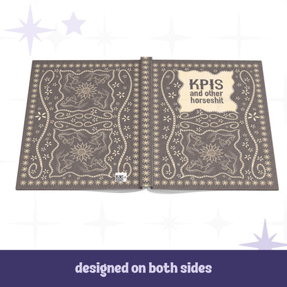 Funny KPI profanity journal open flat showing front and back covers with matching vintage equestrian embroidered horse and sunburst design, designed on both sides