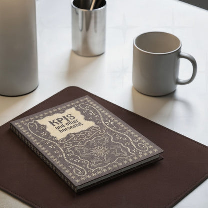 Funny KPI profanity journal on brown leather desk pad beside coffee mug and pen holder in office desk lifestyle setting