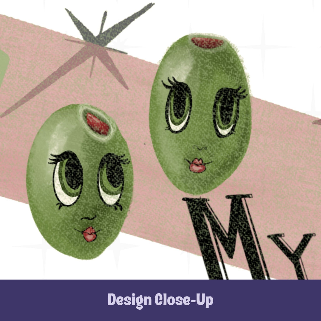 Close-up of retro olive pun mug design showing two anthropomorphized green olives with kewpie-style faces and lashes, blush pink banner, and hand-lettered text reading My Kids Are Weird