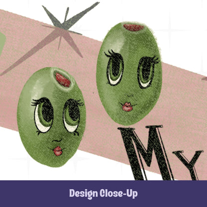 Close-up of retro olive pun mug design showing two anthropomorphized green olives with kewpie-style faces and lashes, blush pink banner, and hand-lettered text reading My Kids Are Weird