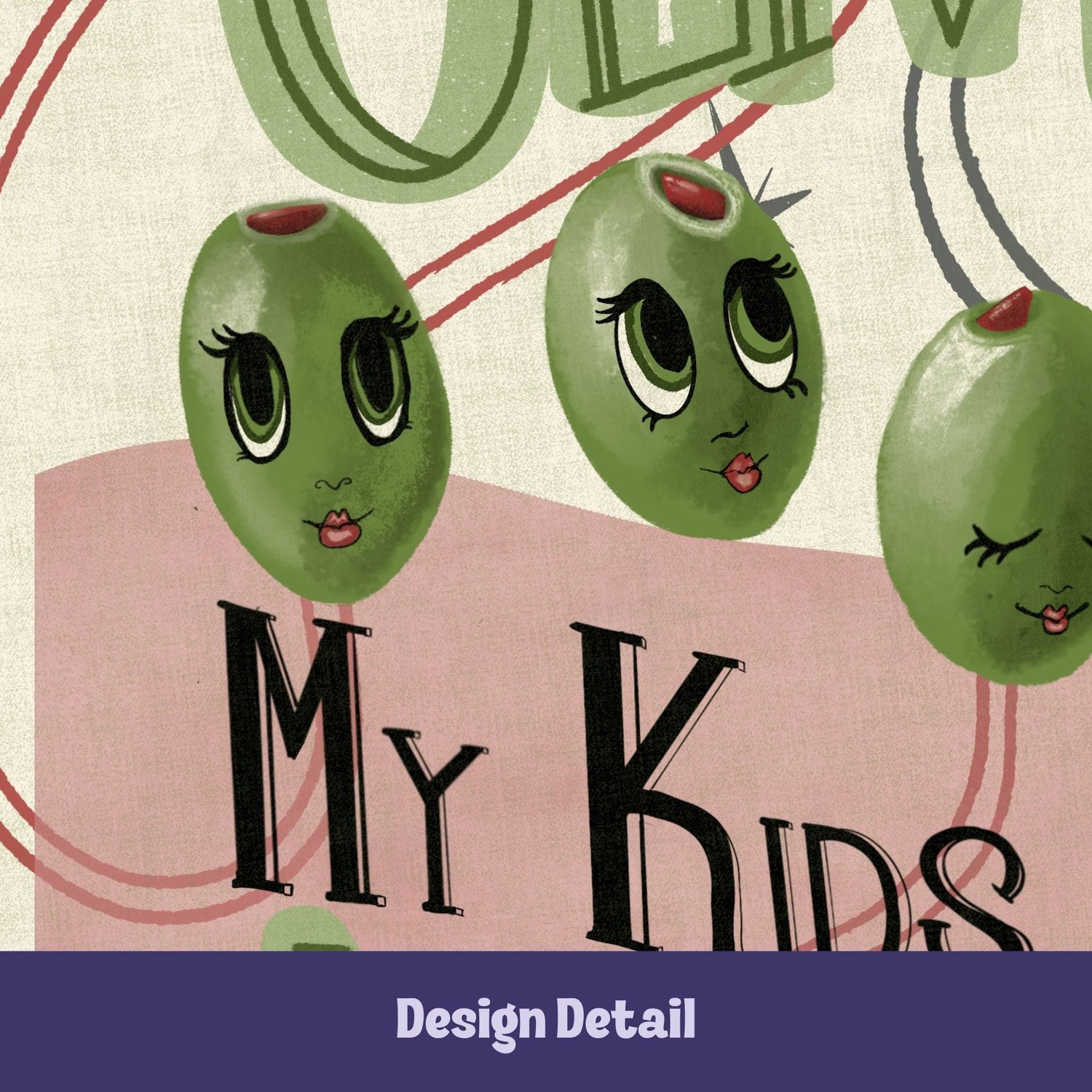 Close-up detail of illustrated green olive characters with expressive cartoon eyes, lashes, and red lips on retro kitchen tea towel by Dubious Doodles Design