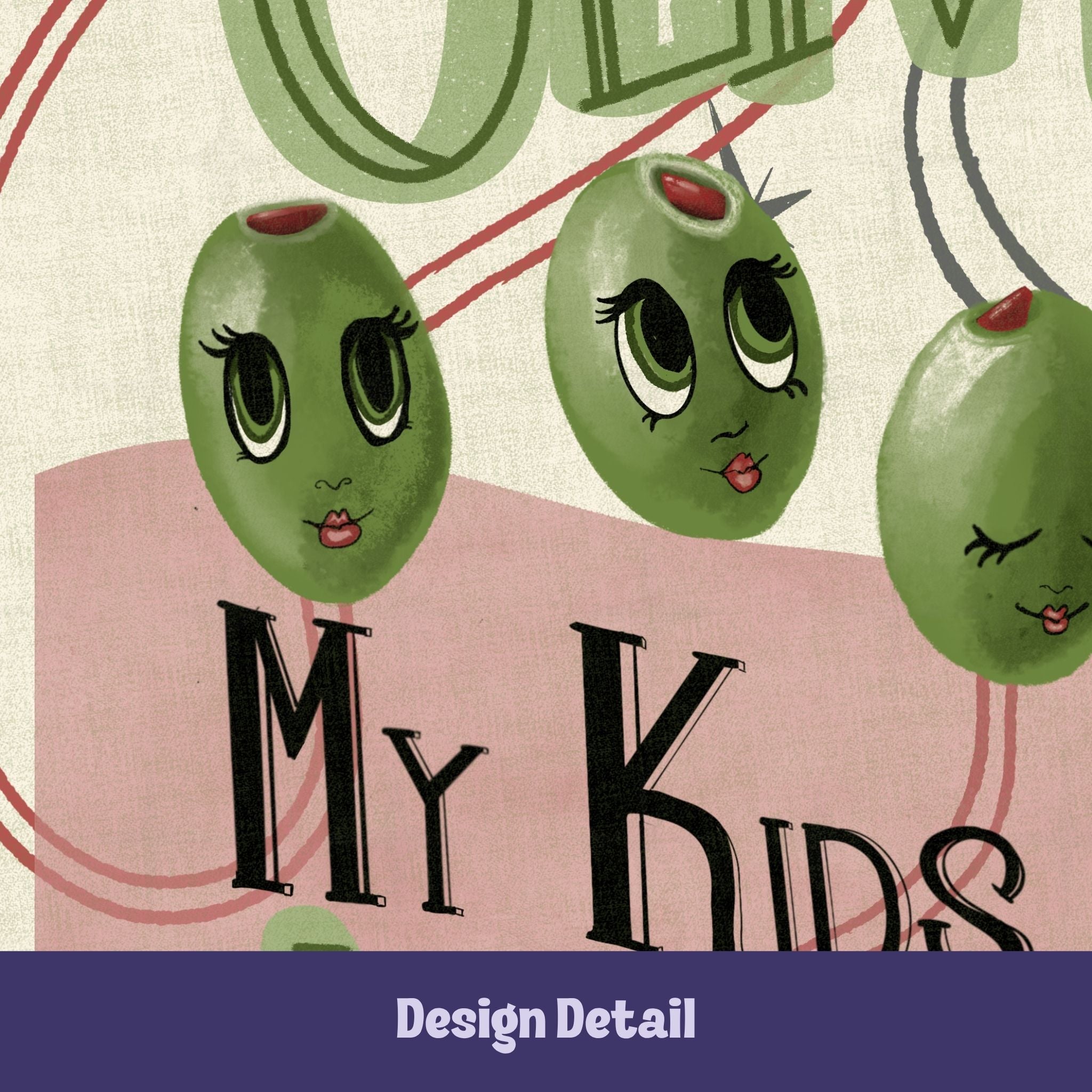 Close-up detail of illustrated green olive characters with expressive cartoon eyes, lashes, and red lips on retro kitchen tea towel by Dubious Doodles Design