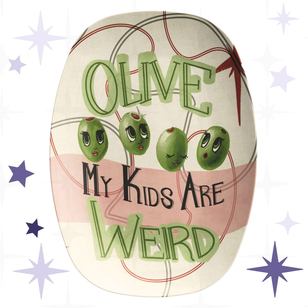 Funny retro serving platter with mid-century modern olive illustration reading Olive My Kids Are Weird, featuring four anthropomorphic green olive characters with expressive lashed eyes on a cream and dusty rose ground with atomic starburst motif