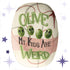 Funny retro serving platter with mid-century modern olive illustration reading Olive My Kids Are Weird, featuring four anthropomorphic green olive characters with expressive lashed eyes on a cream and dusty rose ground with atomic starburst motif
