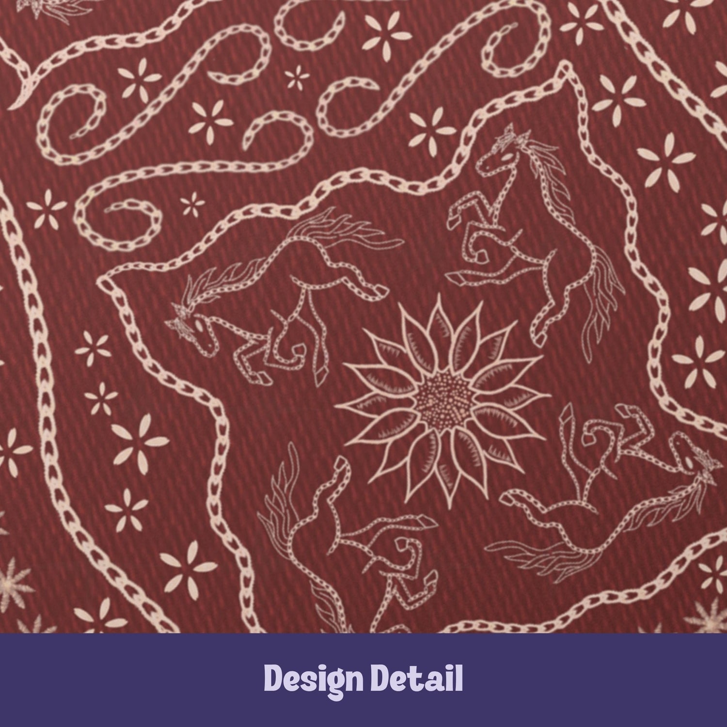 Design detail showing four galloping horses arranged around a sunflower starburst in stitched folk art style on burgundy journal cover