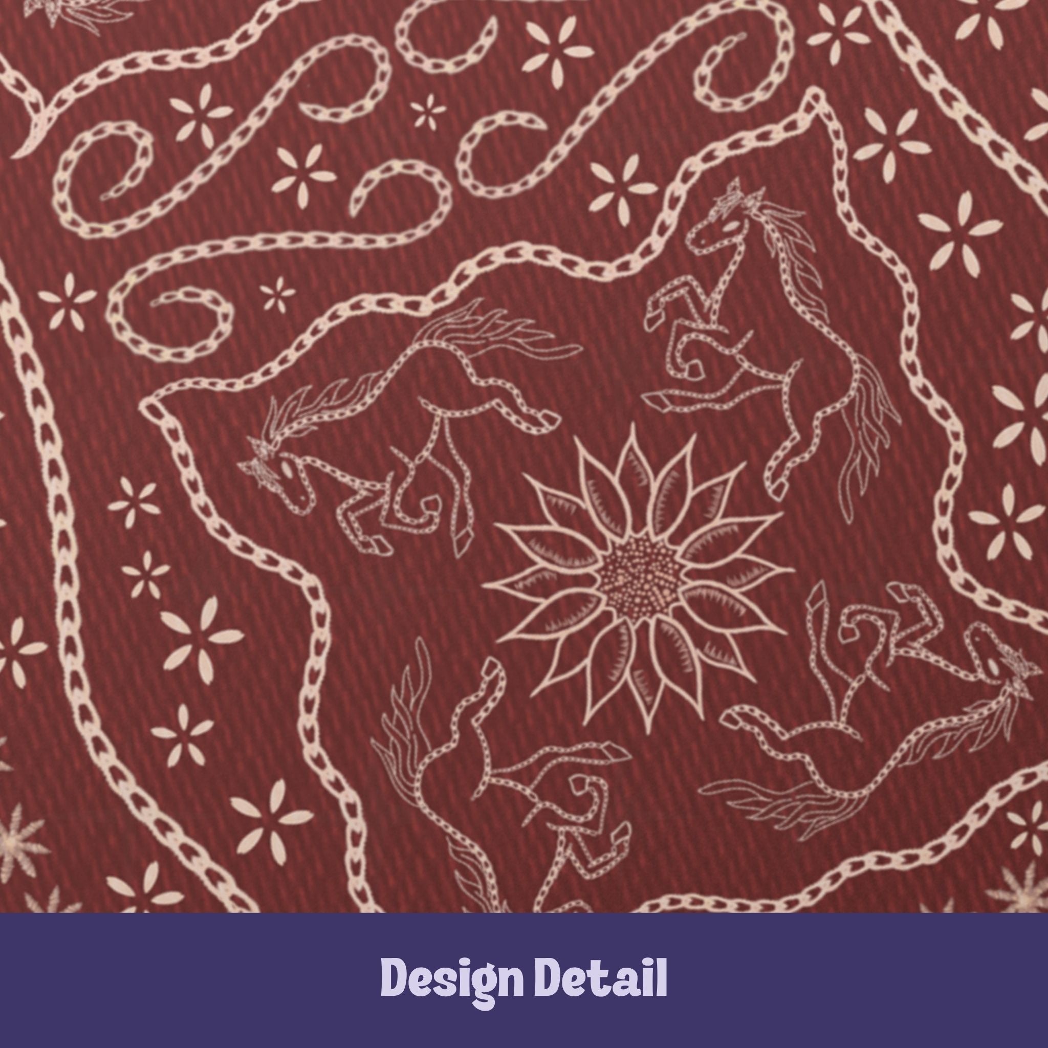 Design detail showing four galloping horses arranged around a sunflower starburst in stitched folk art style on burgundy journal cover