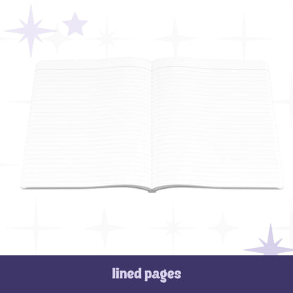 Funny work journal open to lined interior pages showing perforated white lined paper in softcover binding