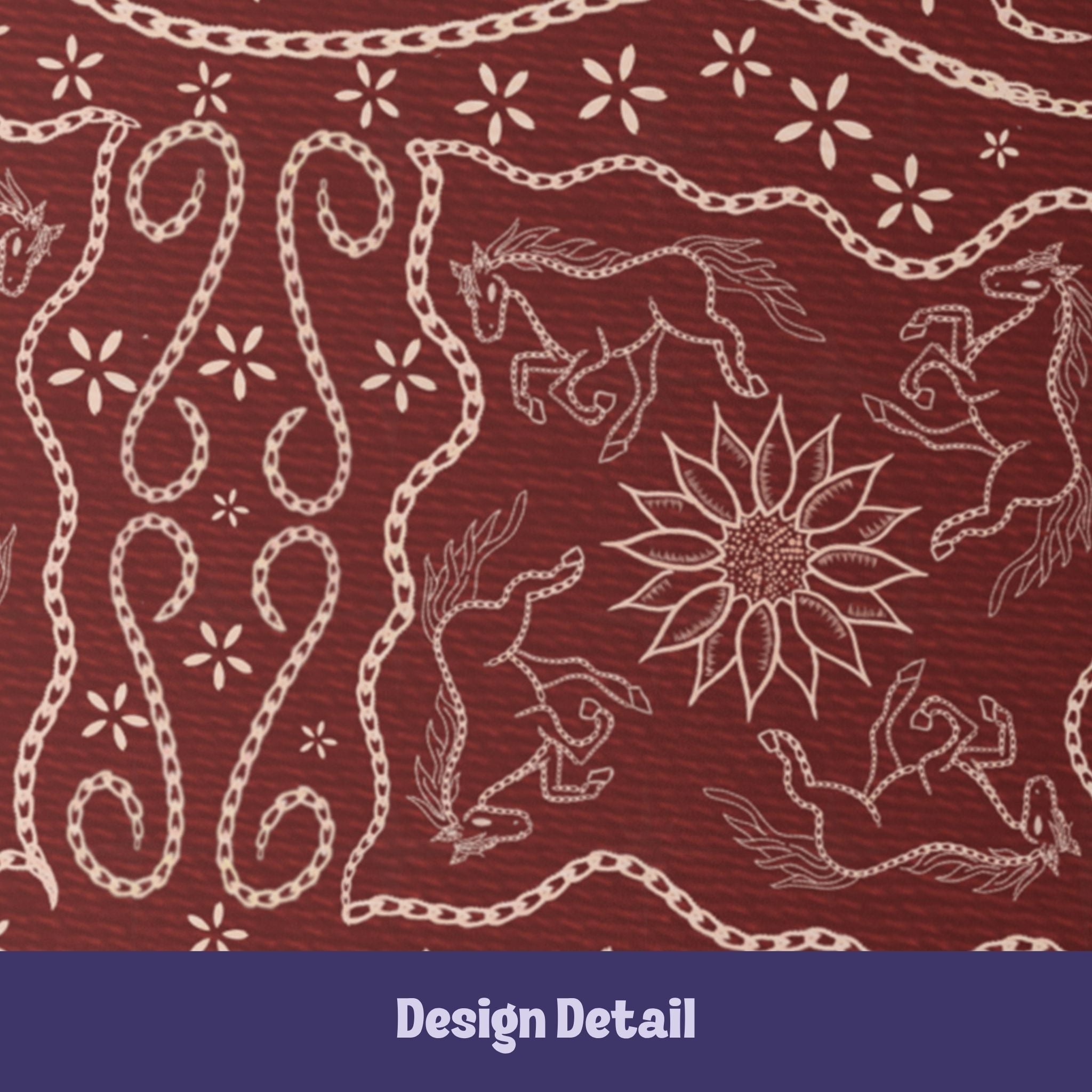 Close-up detail of stitched leather effect folk art illustration showing galloping horses, sunflower medallion, and chain-stitch rope scrollwork on burgundy journal cover