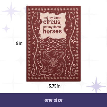 Product dimensions graphic for funny western hardcover journal showing 5.75 inches wide by 8 inches tall, one size