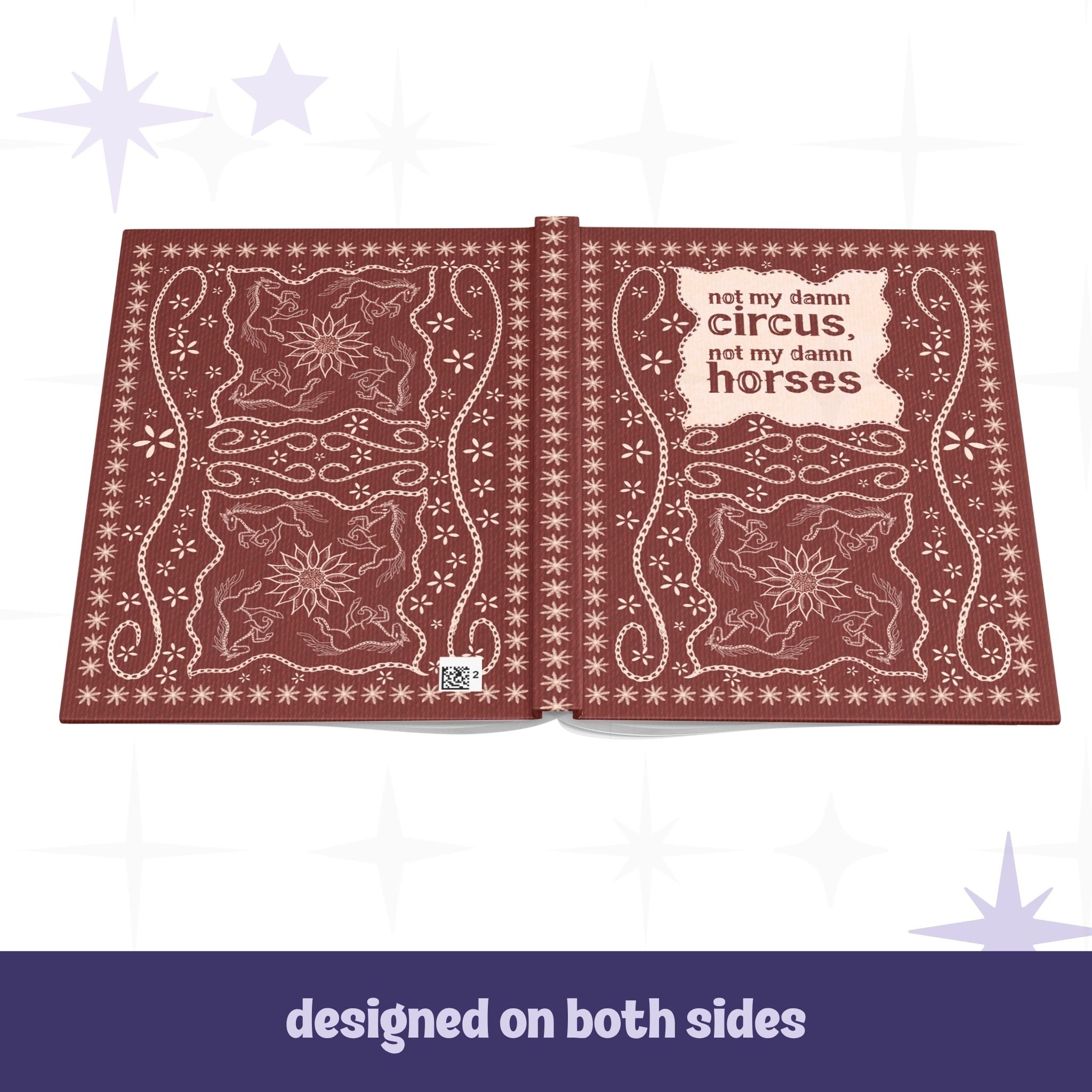 Funny western journal open flat showing full wrap stitched leather design on front and back covers with folk art horses and rope scrollwork