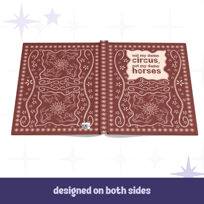 Funny western journal open flat showing full wrap stitched leather design on front and back covers with folk art horses and rope scrollwork