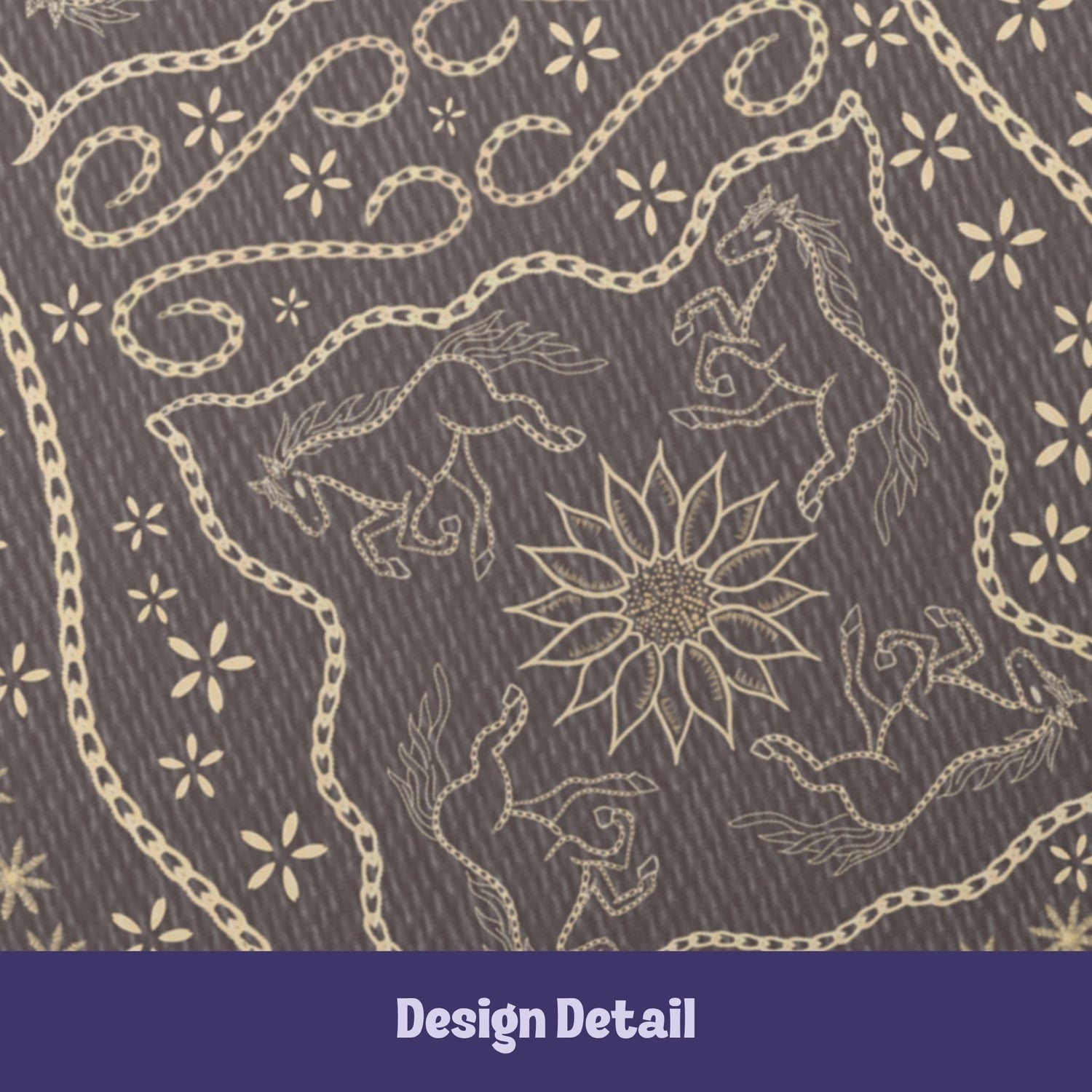 Design detail showing two hand-drawn galloping horses flanking a sunburst medallion with chain-stitch scrollwork on taupe softcover journal