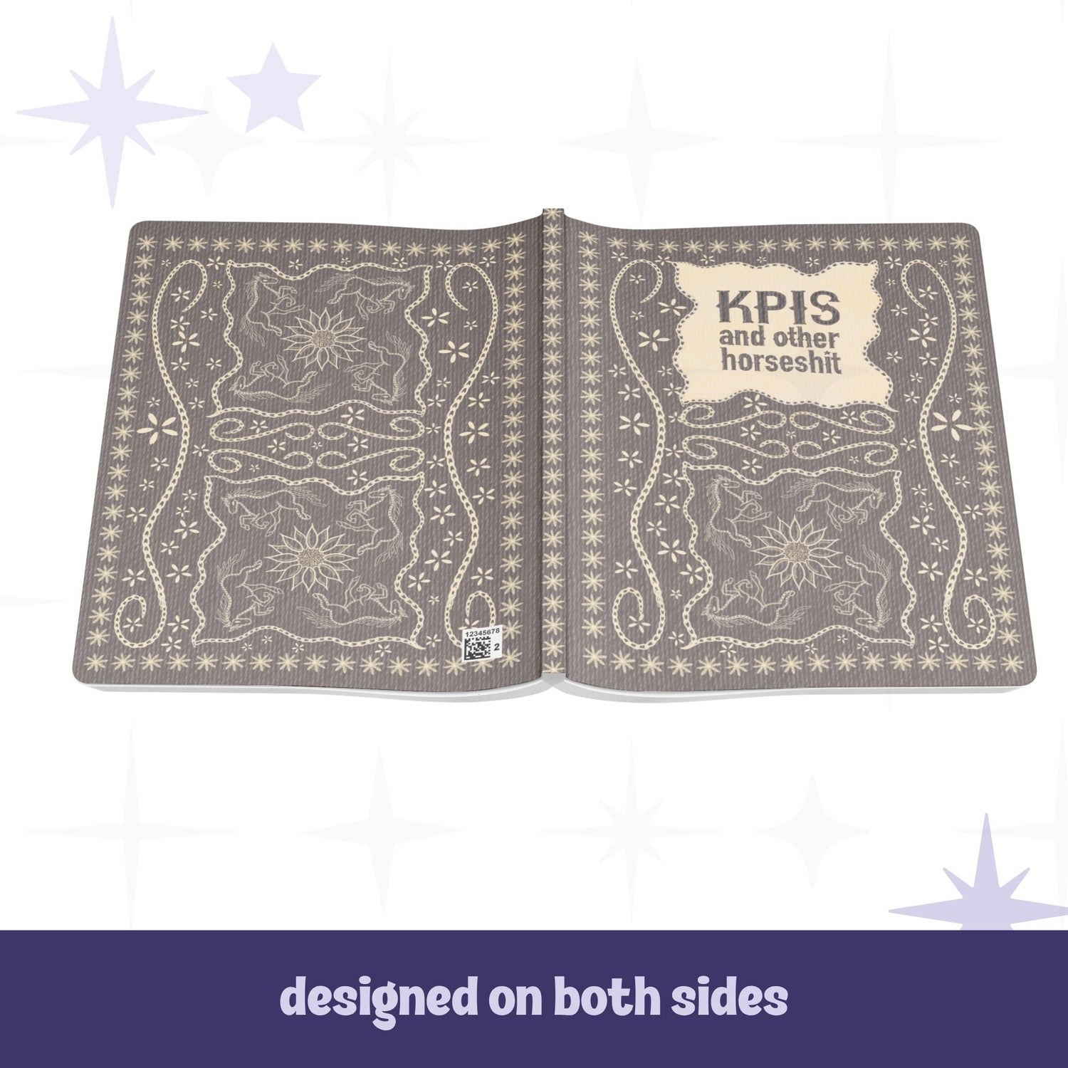 Profanity softcover journal open flat showing full wrap embroidery design on front and back covers with equestrian illustration