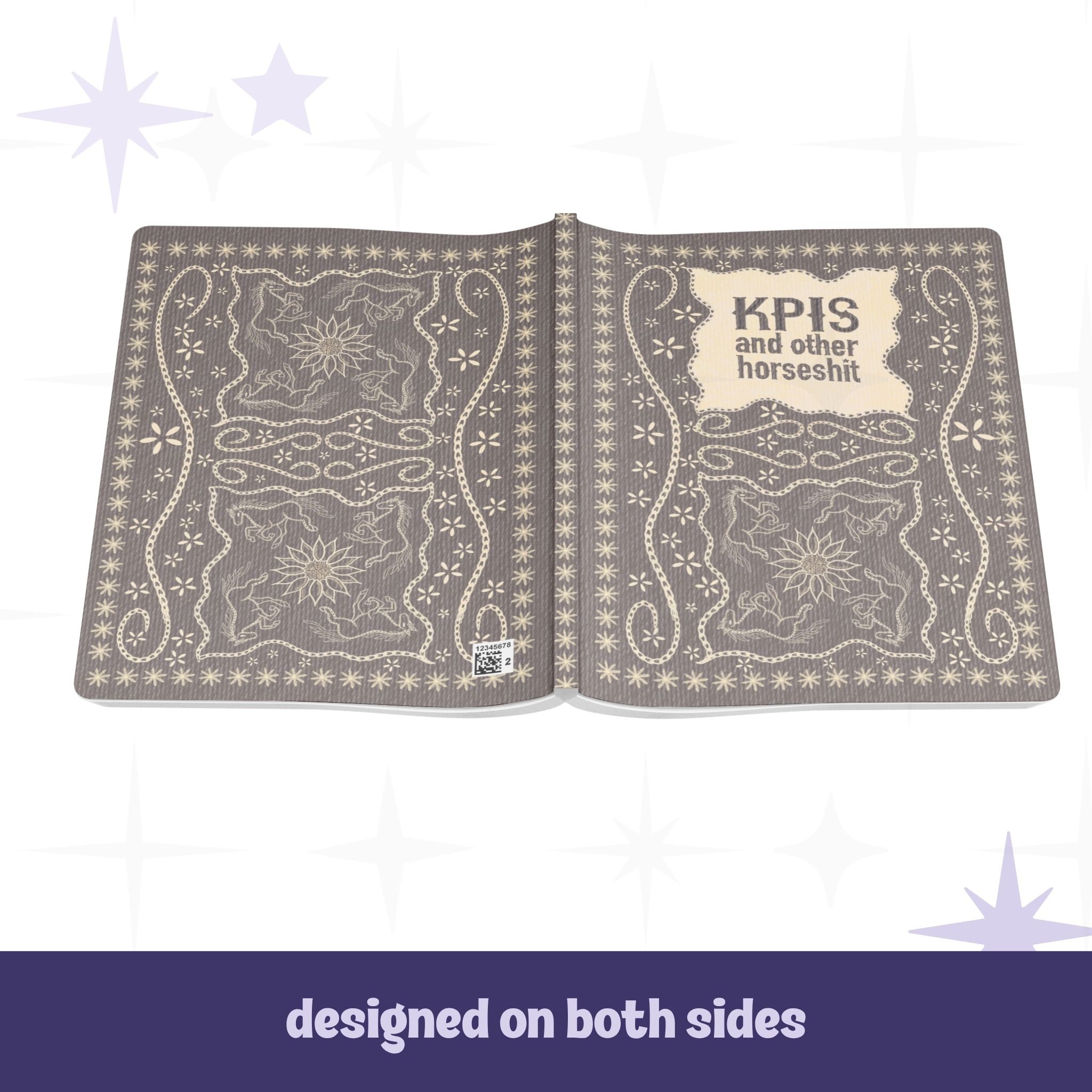 Profanity softcover journal open flat showing full wrap embroidery design on front and back covers with equestrian illustration