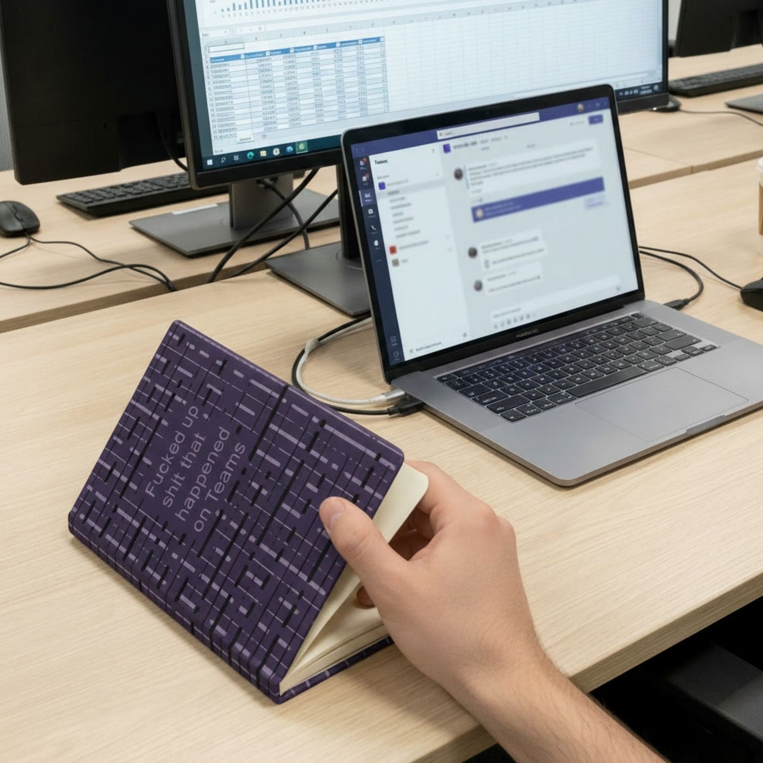 Person holding funny Teams meeting journal open at office desk with laptop showing Microsoft Teams chat and spreadsheet on dual monitors