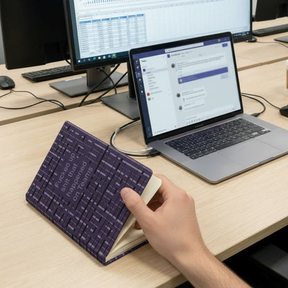 Person holding funny Teams meeting journal open at office desk with laptop showing Microsoft Teams chat and spreadsheet on dual monitors