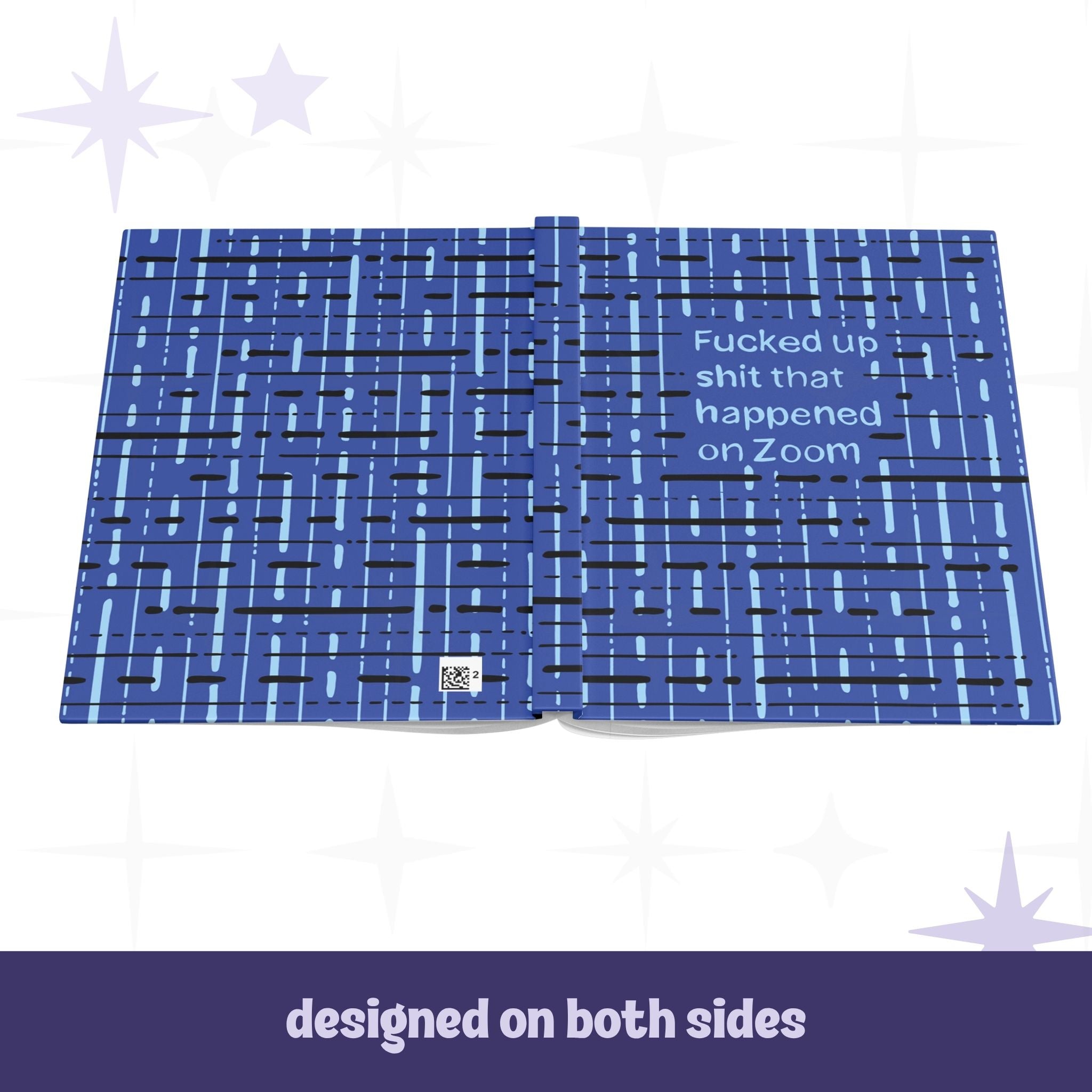 Profanity Zoom hardcover journal open flat showing full wrap design on front and back covers with cobalt blue abstract grid pattern