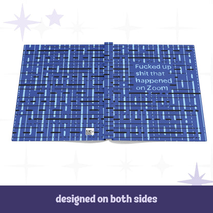 Profanity Zoom hardcover journal open flat showing full wrap design on front and back covers with cobalt blue abstract grid pattern