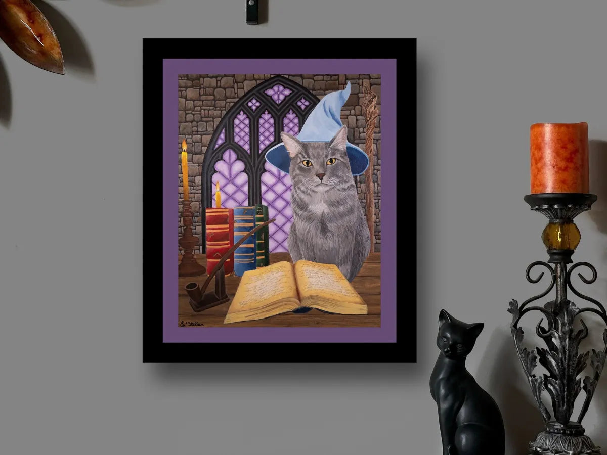 Cat Wizard Artwork, Magical Witchy Kitty Fantasy Decor, Original Hand-Painted Art