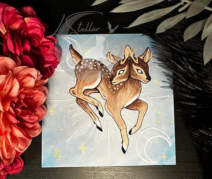 Gemini Twin Deer Print with celestial accents