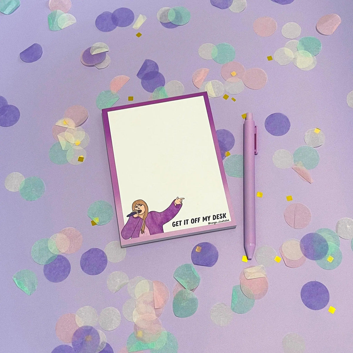 Get it off my desk notepad flat lay — lavender desk stationery with hand lettering by indie artist MangoIllustrated