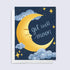 Greeting card with a yellow moon and stars on a blue background, featuring the text &