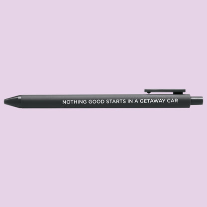 Getaway Car jotter gel pen angled view — black jotter gel pen with black gel ink by indie artist MangoIllustrated