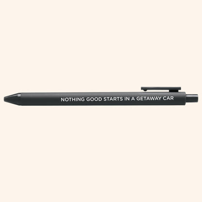 Getaway Car jotter gel pen styled shot — black jotter pen as a desk gift and stocking stuffer by MangoIllustrated