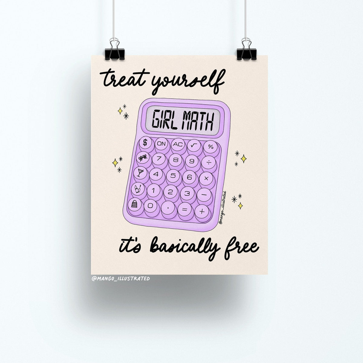 Girl Math art print flat lay — funny pastel calculator wall art for shoppers and millennial decor by indie artist MangoIllustrated