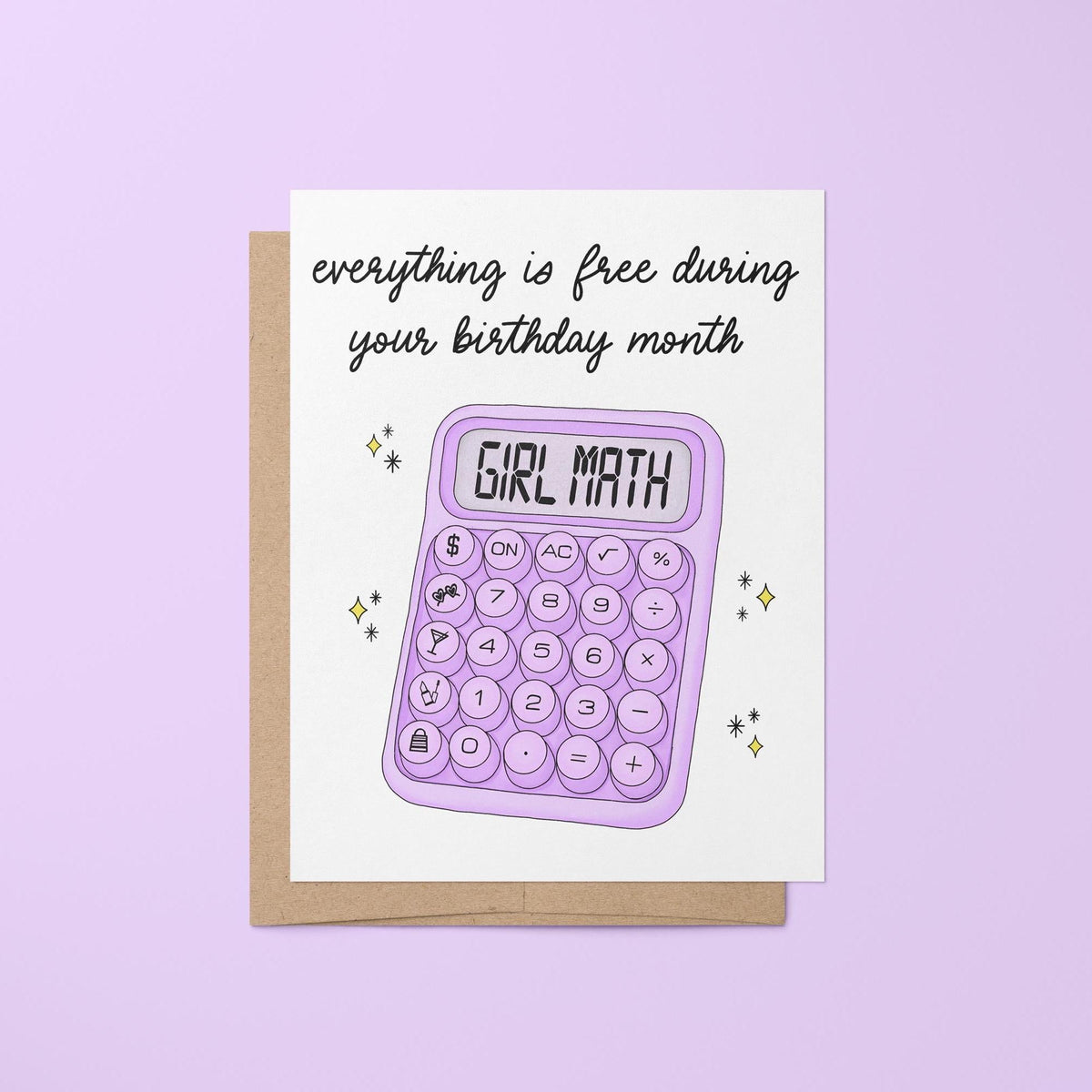 Girl math birthday card — illustrated calculator reading girl math surrounded by stars with hand lettering, 4.25 x 5.5 in folded, by MangoIllustrated