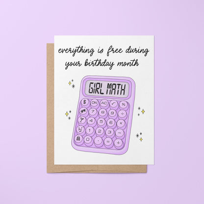 Girl math birthday card — illustrated calculator reading girl math surrounded by stars with hand lettering, 4.25 x 5.5 in folded, by MangoIllustrated
