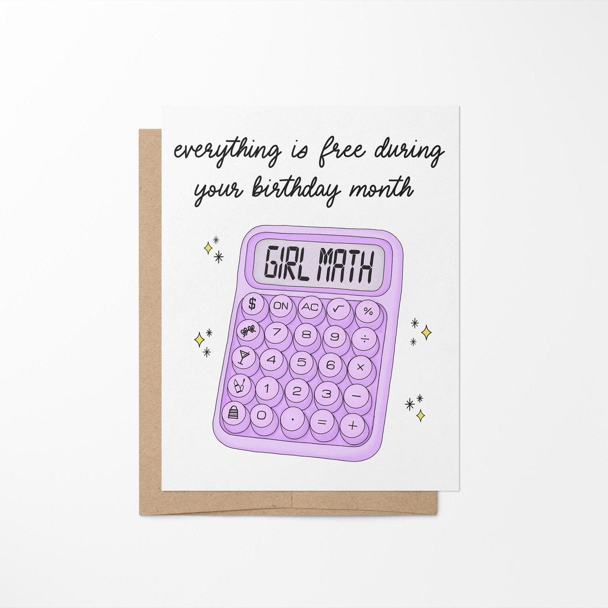 Girl math birthday card detail — calculator illustration and star cluster close up by indie artist MangoIllustrated