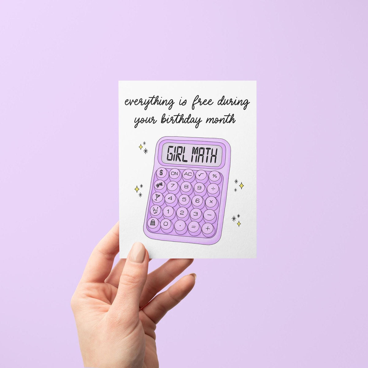 Girl math birthday card flat lay — funny illustrated birthday card for her by indie artist MangoIllustrated