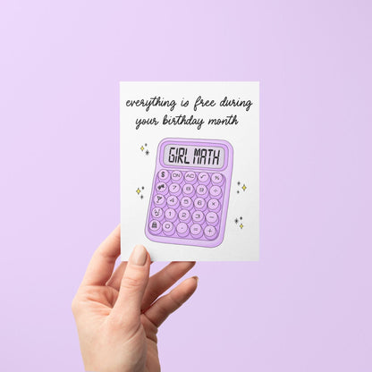 Girl math birthday card flat lay — funny illustrated birthday card for her by indie artist MangoIllustrated