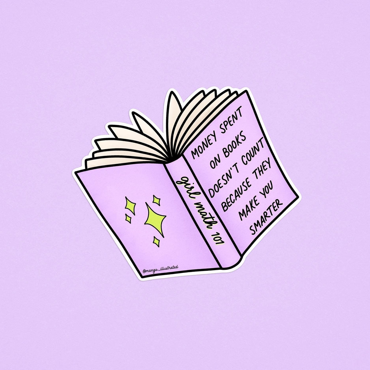 Girl math book sticker flat lay — funny bookish girl math vinyl Kindle sticker by indie artist MangoIllustrated