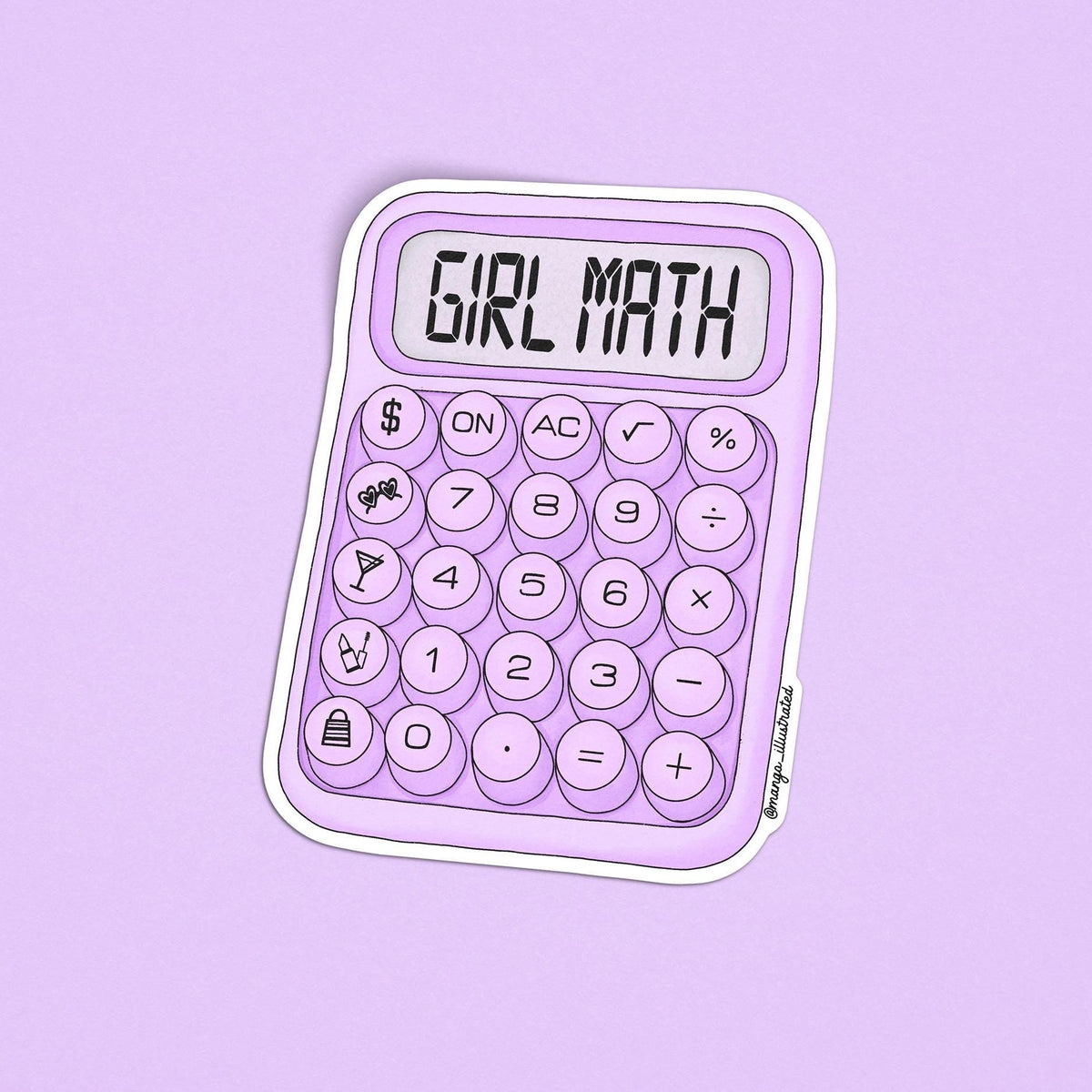 Girl math calculator sticker — hand drawn purple calculator with girly buttons and girl math on the screen, by MangoIllustrated