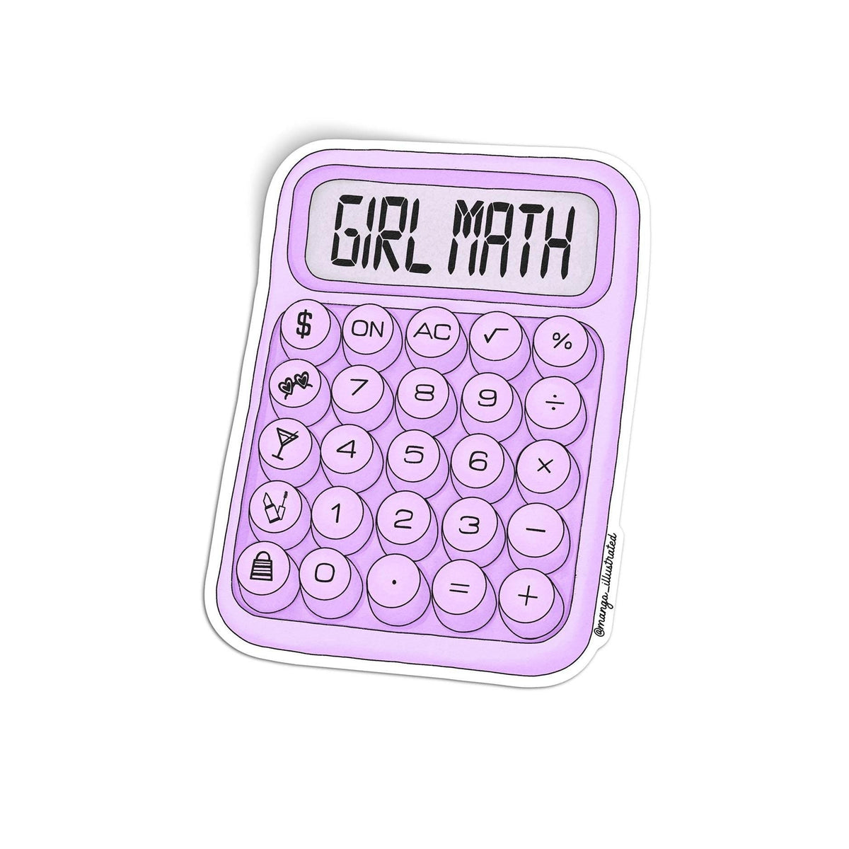 Girl math calculator sticker flat lay — funny girly vinyl laptop and iPad sticker by indie artist MangoIllustrated