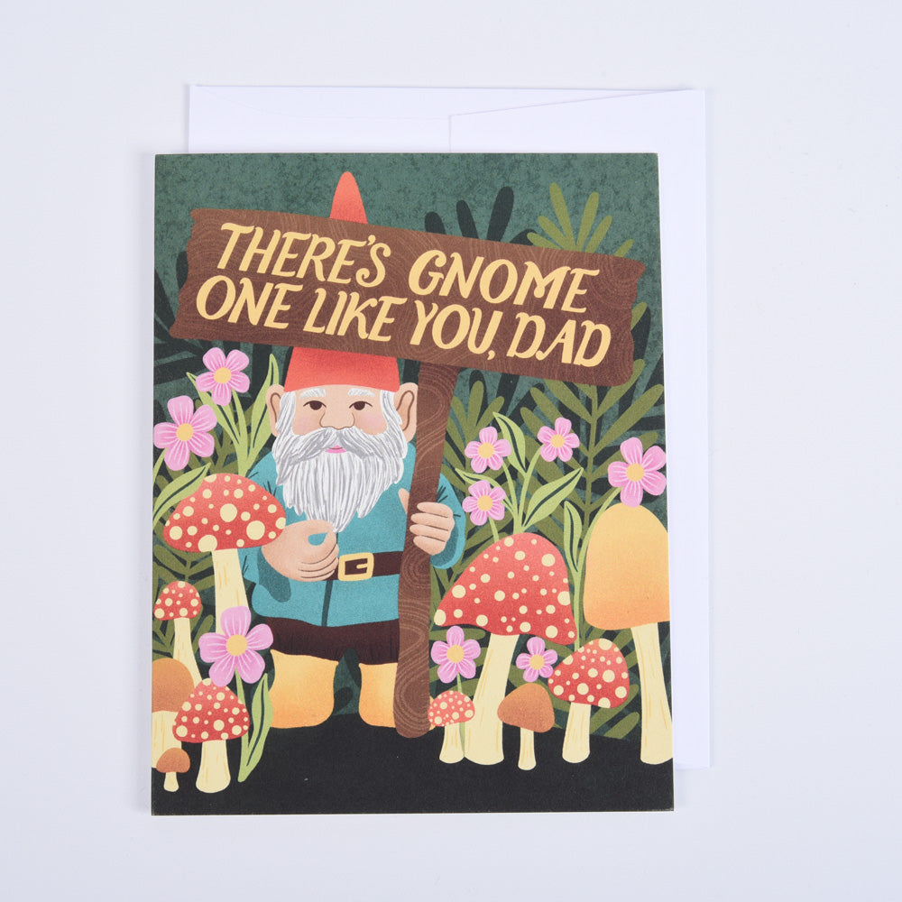 greeting card of a gnome wearing a red hat holding a sign that says "there&