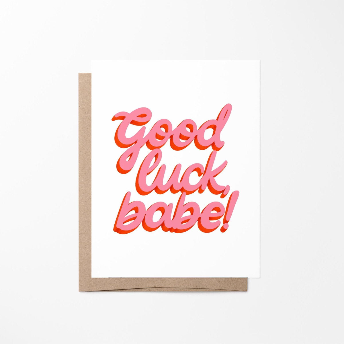 Good luck babe greeting card flat lay — encouragement card styled on a desk, by indie artist MangoIllustrated