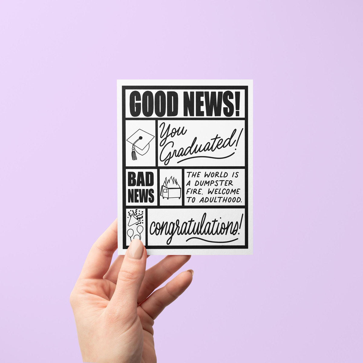 Good news bad news graduation card flat lay — funny hand lettered grad card styled with props by indie artist MangoIllustrated