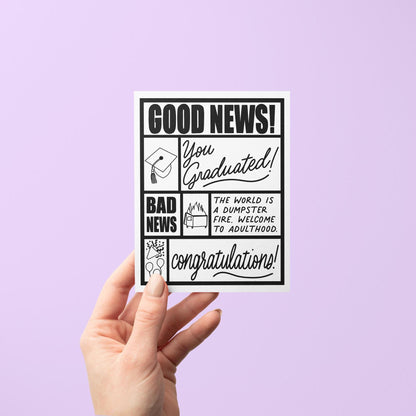 Good news bad news graduation card flat lay — funny hand lettered grad card styled with props by indie artist MangoIllustrated