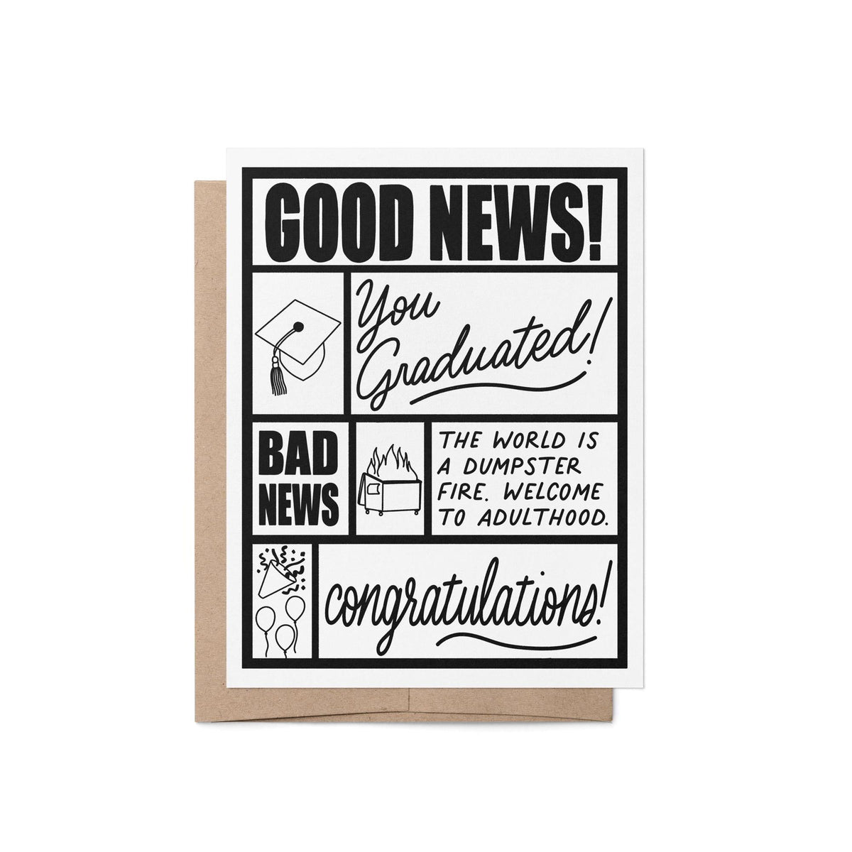 Good news bad news graduation card with A2 kraft envelope — dumpster fire graduation humor card by indie artist MangoIllustrated