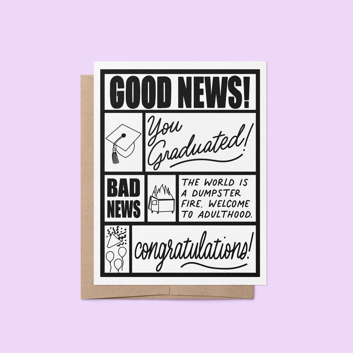 Good news bad news graduation card — newspaper style graduation card with a dumpster fire, grad cap, balloons and confetti, 4.25 x 5.5 in folded A2, by MangoIllustrated